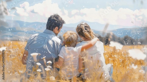 Watercolor happy family sitting in a summer field with his back turned . Digital art painting.