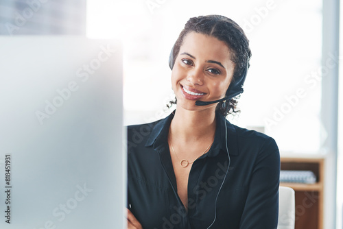 Woman, portrait and headset with computer for call centre telemarketing or technical support, representative or advice. Female person, crm and sales with customer service, contact us or help desk