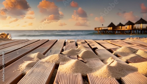 sea sand delicately scattered on wooden boards, evoking a tropical beach ambiance creating a tropical beach scene background