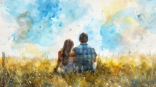 Watercolor happy family sitting in a summer field with his back turned . Digital art painting.