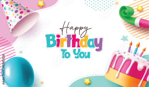 Birthday vector template design. Happy birthday greeting text with party hat, balloon, cake and whistle decoration elements in abstract background. Vector illustration birthday invitation template. 
