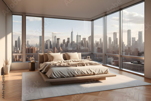 Beige sleeping room, bed with parquet floor. Minimalist design of bedroom with coffee table, windows with city view, 3D rendering no people