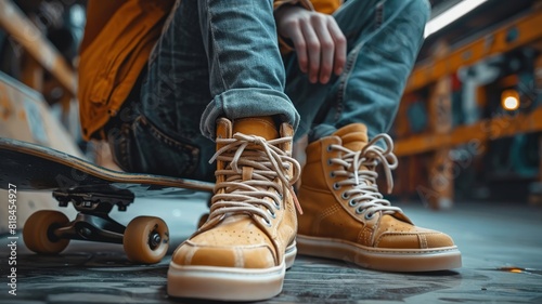Youth adjusting stylish sneakers sitting next to a skateboard
