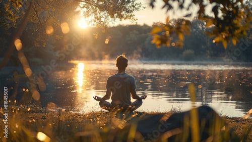 Woman meditating by a tranquil lake in autumn