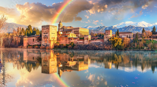 Alhambra in Granada with rainbow reflections in the surrounding water, leaving room at the bottom for text