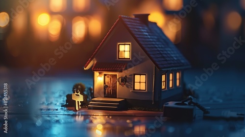Miniature house and key. The concept for a mortgage, renting or buying a house, real estate, investment, property concept wholesale. copy space for text.