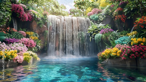 A beautiful waterfall cascades down the side of an enchanted garden, surrounded by vibrant flowers and lush greenery. 