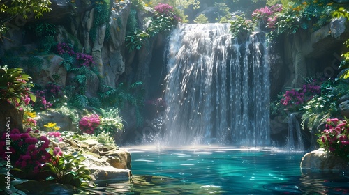 A beautiful waterfall cascades down the side of an enchanted garden, surrounded by vibrant flowers and lush greenery. 