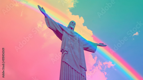 Christ the Redeemer statue with a rainbow arching over it, offering space at the top for text