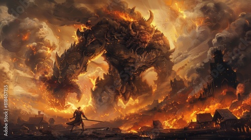 An illustration painting in the style of digital art, depicting a knight facing the lava demon in hell