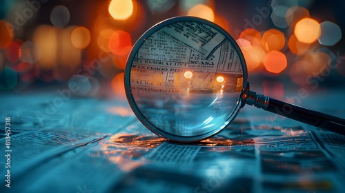 A magnifying glass over newspaper clippings, reflecting the city lights in its surface, symbolizing search and discovery. 