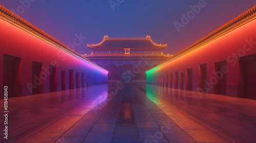 Forbidden City in Beijing with rainbow-colored lighting, offering clear space at the top for text
