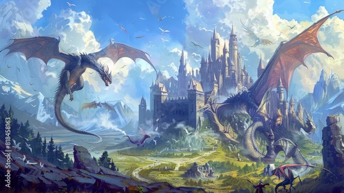Majestic dragons soaring above an enchanting medieval castle, surrounded by rugged landscapes, with knights and fantasy creatures dotting the scene.