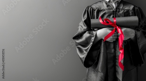 Faceless child in a graduation gown holding a rolled-up diploma tied with a ribbon on a minimal gray background