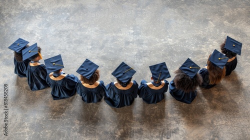 Faceless children in graduation attire sitting on the floor in a circle on a plain beige background