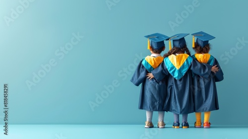 Group of faceless children in graduation outfits hugging each other on a solid light blue background