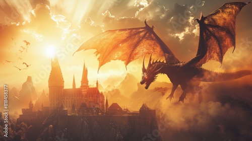 A majestic dragon soars over an ancient castle at sunset, evoking a scene of fantasy and adventure in a mystical world.