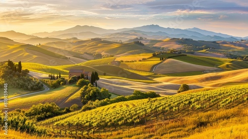 "Scenic landscape view of Tuscany hills, filled with vineyards and olive trees, bathed in warm sunlight during sunset."
