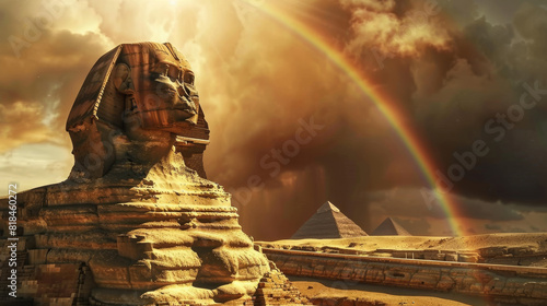 Great Sphinx of Giza with a rainbow arching over the ancient statue, featuring space on the left side for text