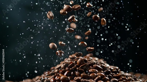 cascading coffee beans cluster pouring onto mound with water droplets dark background food photography