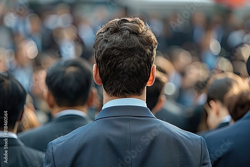 A man in a suit is looking at the camera in a crowd of people. Concept of formality and professionalism, as the man is dressed in a suit and tie