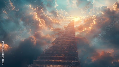 Stairs leading to heaven, with clouds and light in the sky, symbolizing eternal life and spiritual iconization. 