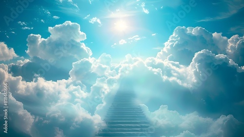 Stairs leading to heaven, with clouds and light in the sky, symbolizing eternal life and spiritual iconization. 