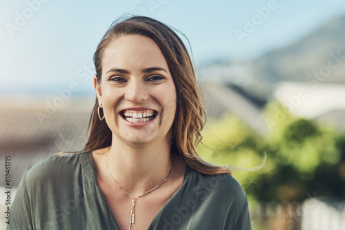 Girl, smile and portrait outdoor in nature for residential property for sale, listing and neighborhood for housing market. Woman, real estate agent and backyard or garden for selling investment.