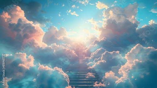 Stairs leading to heaven, with clouds and light in the sky, symbolizing eternal life and spiritual iconization. 