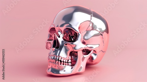 ピンクの背景にメタリックな質感の頭蓋骨 