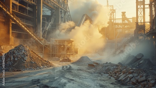 Dusty stone crushing plant working under hazy conditions