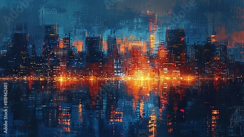 Futuristic cityscape with vibrant lights and reflections at night