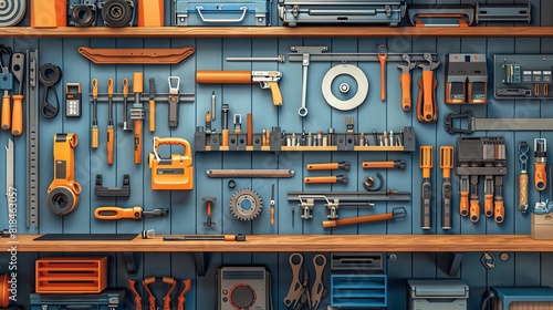 Organized tool wall with various hand tools and power tools for woodworking and DIY projects in a workshop setting.