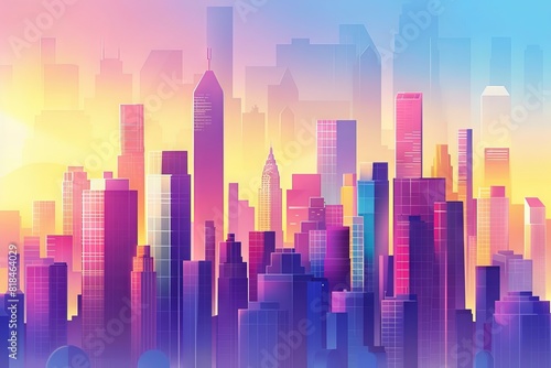 Vibrant, colorful cityscape illustration with skyscrapers at sunrise, showcasing a modern urban skyline in vivid pastel hues.