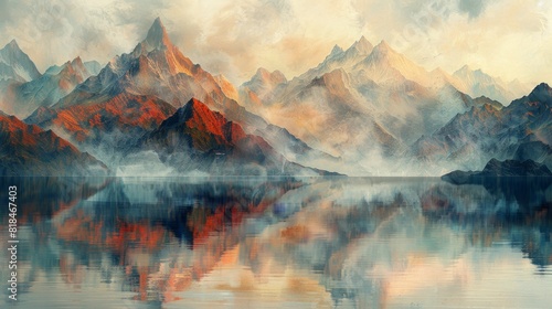 Abstract art mountains by the lake. Illustration