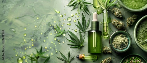Natural hemp products including oil, leaves, and extracts on a green background, promoting holistic wellness and alternative medicine.
