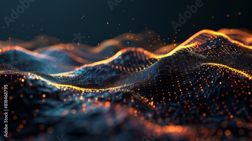 Abstract digital landscape with flowing neon lines and glowing dots, resembling a futuristic, dynamic wave pattern in a dark space.