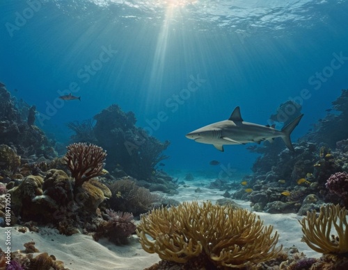 A shark is swimming in the ocean near some coral