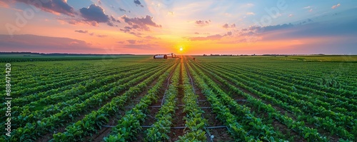 A vibrant sunset over a lush green field with rows of crops extending into the horizon, showcasing the beauty of rural agriculture.