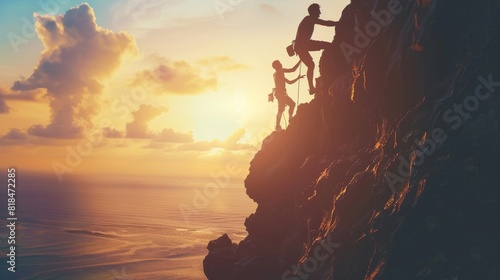 "Two climbers scaling a steep cliff during sunset, creating a stunning silhouette backdrop against the beautiful sky and ocean."