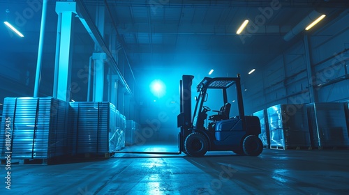 A lone forklift sits in a dark warehouse, its headlights illuminating the area immediately around it. The forklift is surrounded by tall shelves stocked with goods.