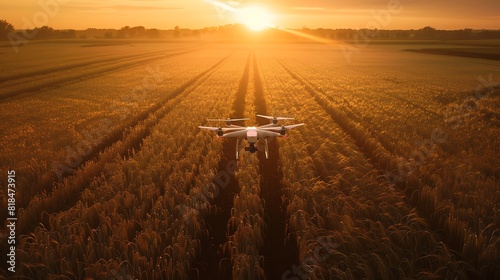 A drone flies over a wheat field at sunset.