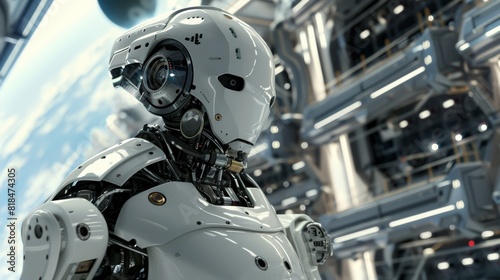 Futuristic humanoid robot with intricate details, standing in a high-tech space station, showcasing advanced AI and robotics technology.