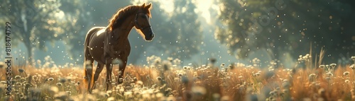 A beautiful wild horse runs through a field of tall grass at sunrise.