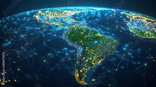 abstract digital map of south america concept of global network and connectivity data world transfer and cyber technology information exchange and telecommunication.llustration graphic