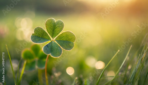 four-leaf clover against a soft, blurred green meadow backdrop, exuding warmth and serenity
