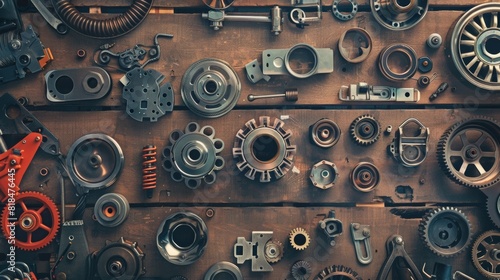 An assortment of mechanical parts and gears arranged neatly on a wooden surface, showcasing intricate engineering components.