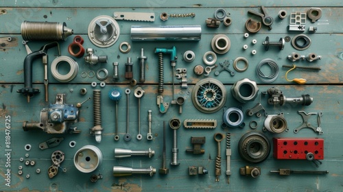 Assorted mechanical parts and tools neatly arranged on a rustic wooden surface, showcasing various hardware components and engineering pieces.