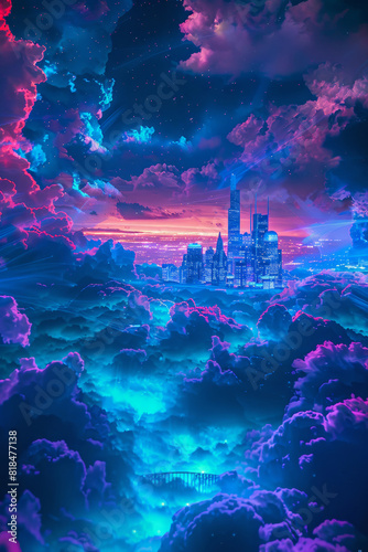 Futuristic city amidst ethereal clouds - This digital painting imagines a future city bathed in twilight colors, amongst dreamy clouds