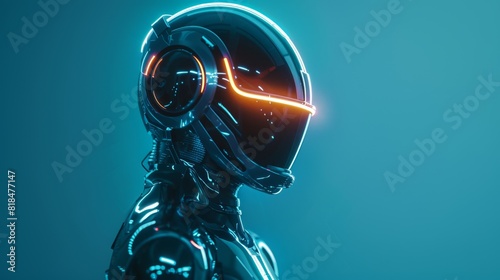 Faceless futuristic figure with glowing neon accents, minimal sky blue background with blank text area
